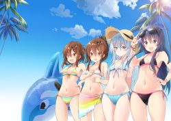 Rule 34 | 10s, 4girls, :d, akatsuki (kancolle), arms behind back, bad id, bad pixiv id, bikini, black bikini, blue eyes, blue sky, breasts, brown eyes, brown hair, closed mouth, cowboy shot, day, eyewear on head, fang, folded ponytail, front-tie bikini top, front-tie top, gluteal fold, hair between eyes, halterneck, hand on headwear, hand on own hip, hat, hibiki (kancolle), highres, ikazuchi (kancolle), inazuma (kancolle), inflatable orca, inflatable toy, kantai collection, lens flare, long hair, multicolored bikini, multicolored clothes, multicolored stripes, multiple girls, navel, open mouth, outdoors, palm tree, purple hair, side-tie bikini bottom, sidelocks, silver hair, sky, small breasts, smile, straw hat, string bikini, striped bikini, striped clothes, sun hat, sunglasses, sunlight, suruga (xsurugax), swimsuit, tree, wristband