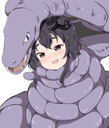 Rule 34 | 1girl, anchor symbol, arbok, black hair, blush, bound, brown eyes, clenched teeth, commission, constriction, creatures (company), crossover, fangs, game freak, gen 1 pokemon, hat, highres, kantai collection, mini hat, nintendo, pokemon, pokemon (creature), saliva, short hair with long locks, simple background, skeb commission, teeth, tokitsukaze (kancolle), white background, yasunao (yasunao-z)