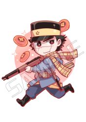 Rule 34 | 1boy, arisaka, bayonet, belt, black footwear, black hair, black hat, blue coat, blue pants, bolt action, boots, brown belt, brown eyes, buttons, chibi, closed mouth, coat, commentary, facial scar, full body, golden kamuy, gun, hat, holding, holding gun, holding weapon, imperial japanese army, inputanimeoutput, kepi, leather belt, long sleeves, looking at viewer, lowres, male focus, military, military hat, military uniform, pants, pouch, rifle, running, sample watermark, scar, scar on cheek, scar on face, scar on mouth, scar on nose, scarf, sheath, sheathed, short hair, smile, solo, sparkle, spiked hair, star (symbol), sugimoto saichi, transparent background, two-tone headwear, uniform, watermark, weapon, yellow hat, yellow scarf
