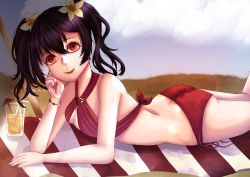 Rule 34 | 1girl, absurdres, artist name, artist request, bare legs, bare shoulders, beach, bikini, bikini skirt, black hair, blue sky, blush, bow, breasts, cleavage, cloud, collarbone, criss-cross halter, cup, day, drinking glass, female focus, flat chest, flower, hair between eyes, hair bow, hair flower, hair ornament, halterneck, hand on own cheek, hand on own face, highres, long hair, looking at viewer, love live!, love live! school idol festival, love live! school idol project, outdoors, parted lips, red bikini, red eyes, shangri-la shower, short hair, short twintails, side-tie bikini bottom, sky, small breasts, smile, solo, swimsuit, twintails, white flower, yazawa nico