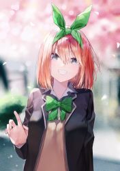Rule 34 | 1girl, absurdres, black jacket, blue eyes, blurry, blurry background, blush, bow, breasts, brown sweater, cherry blossoms, collared shirt, eyebrows hidden by hair, facing viewer, fudepenbrushpen, go-toubun no hanayome, green bow, green hairband, green ribbon, grin, hair between eyes, hair ribbon, hairband, hand up, highres, jacket, long sleeves, looking at viewer, medium hair, nakano yotsuba, orange hair, outdoors, ribbon, school uniform, shirt, short hair, smile, solo, standing, sweater, sweater vest, teeth, upper body, white shirt, wind, wind lift