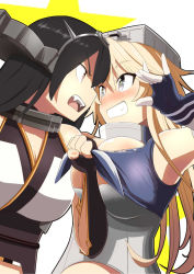 Rule 34 | 10s, 2girls, ahenn, angry, bare shoulders, black hair, blonde hair, blue eyes, blush, breasts, cleavage, clenched teeth, clothes pull, confrontation, eye contact, face-to-face, fangs, female focus, fingerless gloves, gloves, grin, headgear, iowa (kancolle), jewelry, jpeg artifacts, kantai collection, large breasts, long hair, looking at another, multiple girls, nagato (kancolle), neck ring, open mouth, pulling, red eyes, shirt grab, smile, star-shaped pupils, star (symbol), symbol-shaped pupils, teeth, troll face, upper body