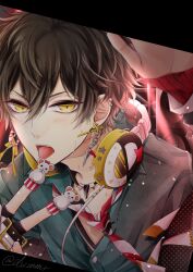 Rule 34 | 1boy, 2you, black hair, blush, bow, buttons, commentary request, crown, dear vocalist, earrings, hair between eyes, headphones, headphones around neck, jewelry, long sleeves, looking at viewer, male focus, mimura (men0725), mouse (animal), necklace, necktie, open mouth, red bow, solo, star (symbol), teeth, tongue, tongue out, twitter username, upper body, upper teeth only, yellow background