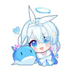 Rule 34 | 1girl, arona (blue archive), blue archive, blue eyes, blue hair, blue shirt, blush stickers, bow, bow hairband, bowtie, chibi, choker, colored inner hair, cropped torso, dano, hair over one eye, hairband, halo, heart, light blue hair, looking at viewer, lowres, multicolored hair, open mouth, pink hair, pixel art, sailor collar, sailor shirt, shirt, solo, streaked hair, transparent background, two-tone hair, v-shaped eyebrows, whale, white bow, white bowtie, white hairband, white sailor collar