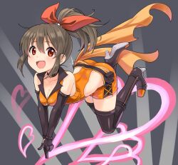 Rule 34 | 1girl, bare shoulders, belt, black belt, black footwear, black gloves, black thighhighs, blush, boots, bow, breasts, brown hair, cleavage, clothing cutout, collarbone, elbow gloves, finger gun, full body, gloves, grey background, hair bow, hair ribbon, heart, hori yuko, idolmaster, idolmaster cinderella girls, idolmaster cinderella girls starlight stage, interlocked fingers, knee boots, long hair, looking at viewer, medium breasts, open mouth, orange shirt, orange shorts, own hands together, ponytail, red eyes, red ribbon, ribbon, shirt, shorts, smile, smirs, solo, thighhighs, utility belt