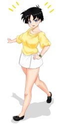Rule 34 | 1girl, black hair, blue eyes, breasts, dragon ball, dragonball z, full body, hand on own hip, highres, holding own waist, legs, looking at viewer, medium breasts, shirt, short hair, skirt, solo, sweater, tagme, thick thighs, thighs, tomboy, transforming watch, videl, walking, watch, white skirt, yellow shirt