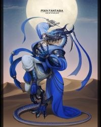 Rule 34 | blue eyes, copyright name, desert, detached sleeves, full body, furry, furry male, holding, holding weapon, lizardman, long sleeves, moon, no humans, outdoors, pixiv fantasia, pixiv fantasia age of starlight, scimitar, solo, standing, standing on one leg, sword, ujuju, veil, weapon