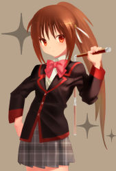 Rule 34 | 1girl, bad id, bad pixiv id, bow, brown hair, little busters!, long hair, mint010520, natsume rin, nunchaku, pink bow, plaid, plaid skirt, ponytail, red eyes, school uniform, skirt, weapon