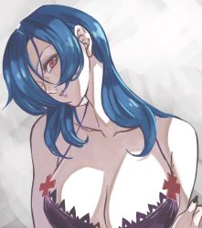 Rule 34 | 1girl, alternate hairstyle, black nails, blue hair, breasts, hair over one eye, head tilt, highres, large breasts, lingerie, lips, looking at viewer, medium hair, nail polish, portrait, red eyes, scar, skullgirls, solo, source request, underwear, ungly, valentine (skullgirls), white background