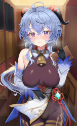 Rule 34 | 1girl, absurdres, ahoge, bare shoulders, bell, black gloves, black leotard, black pantyhose, blue hair, blush, bodystocking, bodysuit, book, breasts, chinese knot, cowboy shot, detached sleeves, flower knot, ganyu (genshin impact), genshin impact, gloves, gold trim, groin, heavy breathing, highres, holding, holding book, horns, indoors, jimwh37, large breasts, leotard, leotard under clothes, long hair, looking at viewer, medium breasts, neck bell, nose blush, pantyhose, purple eyes, sidelocks, smile, solo, tassel, thigh gap, thighlet, thighs, vision (genshin impact), white sleeves