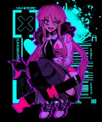 Rule 34 | 1girl, absurdres, ace glitch, barcode, barcode tattoo, black dress, black gloves, black thighhighs, bow, bowtie, breasts, cyberpunk, dress, english text, facial mark, facial tattoo, full body, gasai yuno, gloves, highres, hood, hooded jacket, jacket, long hair, long sleeves, looking at viewer, lower teeth only, medium breasts, mirai nikki, neon lights, open clothes, open jacket, open mouth, pink eyes, pink hair, shoes, sidelocks, sitting, sneakers, solo, tattoo, teeth, thighhighs, tongue, tongue out, upper teeth only, white bow, white bowtie, white footwear, white jacket, yandere