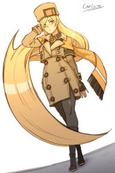 Rule 34 | 1girl, absurdly long hair, absurdres, arm scarf, artist name, bad id, bad pixiv id, blonde hair, blue eyes, brown coat, carcass (artist), coat, fingerless gloves, fur hat, gloves, guilty gear, guilty gear strive, hand on another&#039;s head, hat, highres, long hair, millia rage, pantyhose, resolution mismatch, simple background, solo, source smaller, standing, ushanka, very long hair, white background, wide hips