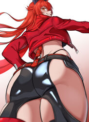 Rule 34 | 1girl, absurdres, ass, ass cutout, ass focus, belt, black belt, black pants, breasts, clothing cutout, commentary, cowboy shot, cropped jacket, english commentary, from behind, from below, goddess of victory: nikke, grin, hair between eyes, highres, hip vent, horns, jacket, large breasts, leather, leather jacket, leather pants, long hair, long sleeves, looking at viewer, mechanical horns, nicej1n, open clothes, open jacket, pants, red belt, red hair, red hood (nikke), red jacket, red scarf, revealing clothes, scarf, sidelocks, simple background, skindentation, smile, solo, standing, teeth, white background, yellow eyes