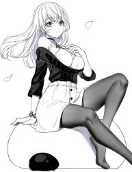 Rule 34 | 1girl, arm support, bare shoulders, blush, breasts, closed mouth, commentary request, feet out of frame, floating hair, greyscale, hair between eyes, hand up, large breasts, long hair, long sleeves, monochrome, no shoes, off-shoulder sweater, off shoulder, original, pantyhose, petals, ririko (zhuoyandesailaer), saegusa futaba, shirt, simple background, sitting, skirt, sleeveless, sleeveless shirt, smile, solo, sweater, thick eyebrows, white background