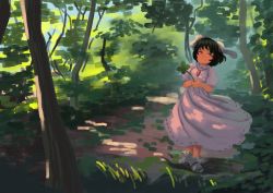 Rule 34 | 1girl, animal ears, black hair, carrot necklace, closed mouth, clover, commentary request, dress, floppy ears, forest, four-leaf clover, fujimi nao, full body, highres, holding, holding clover, inaba tewi, jewelry, long dress, looking at viewer, nature, necklace, outdoors, pink dress, rabbit ears, rabbit girl, red eyes, ribbon-trimmed dress, short hair, smile, solo, standing, touhou, tree, wavy hair