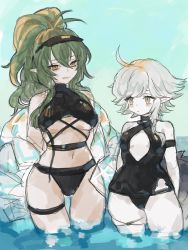 Rule 34 | 2girls, ahoge, antenna hair, arknights, arm strap, bad id, bad twitter id, bikini, black bikini, black choker, black one-piece swimsuit, breasts, choker, commentary, cowboy shot, crocodilian tail, gavial (arknights), green hair, grey hair, highres, long hair, midriff, multiple girls, navel, official alternate costume, omcxxx, one-piece swimsuit, pointy ears, ponytail, short hair, sketch, swimsuit, tail, thigh gap, thigh strap, thighs, tomimi (arknights), underboob, visor cap, wading, yellow eyes