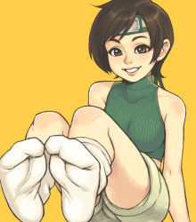 Rule 34 | 1girl, ass, bare shoulders, blush, breasts, brown eyes, brown hair, commentary request, feet, final fantasy, final fantasy vii, foot focus, headband, highres, legs, looking at viewer, maou alba, midriff, ninja, open mouth, ribbed sweater, short hair, short shorts, shorts, simple background, sleeveless, sleeveless turtleneck, smile, socks, solo, sweater, tank top, turtleneck, yuffie kisaragi