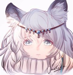 Rule 34 | 1girl, animal ear fluff, animal ears, arknights, artist name, blue eyes, blush, braid, commentary, hair between eyes, head chain, jewelry, leopard ears, looking at viewer, portrait, pramanix (arknights), signature, silver hair, simple background, solo, twin braids, vaniraaa, white background