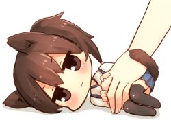 Rule 34 | 10s, 1girl, :|, animal ears, bad id, bad pixiv id, brown eyes, brown hair, cat ears, cat tail, chibi, closed mouth, expressionless, japanese clothes, jitome, kaga (kancolle), kantai collection, kemonomimi mode, mini person, minigirl, personification, ponytail, sawatari (sado), side ponytail, solo focus, tail, tail wrap, thighhighs