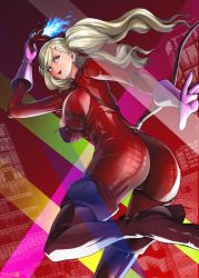 Rule 34 | 1girl, ass, blonde hair, blue eyes, bodysuit, breasts, highres, large breasts, latex, latex bodysuit, latex suit, persona, persona 5, smile, solo, takamaki anne, twintails