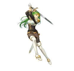 Rule 34 | 1girl, armor, belt, boots, breastplate, breasts, dress, female focus, fire emblem, fire emblem: the sacred stones, fire emblem heroes, gloves, green eyes, green hair, headband, high heel boots, high heels, holding, holding sword, holding weapon, long hair, matching hair/eyes, medium breasts, nintendo, official art, orange headband, pantyhose, pencil dress, raise sword, sheath, sheathed, solo, swinging, sword, syrene (fire emblem), thigh boots, v-shaped eyebrows, weapon, white background, white footwear, white gloves