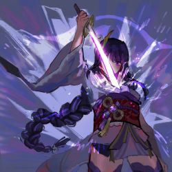 Rule 34 | 1girl, arm up, braid, breasts, commentary, covered mouth, dinogranola, english commentary, genshin impact, glowing, glowing sword, glowing weapon, hair ornament, highres, holding, holding sword, holding weapon, human scabbard, japanese clothes, katana, kimono, long hair, long sleeves, looking at viewer, medium breasts, one eye covered, purple eyes, purple hair, raiden shogun, sash, sheath, simple background, solo, sword, tassel, unsheathing, vision (genshin impact), weapon, wide sleeves