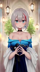 Rule 34 | 1girl, admiral graf spee (a novel anniversary) (azur lane), admiral graf spee (azur lane), azur lane, bare shoulders, blue dress, blue eyes, blurry, blurry background, breasts, choker, cleavage, collarbone, depth of field, dress, earrings, grey hair, highres, jewelry, lamp, large breasts, looking at viewer, multicolored hair, off-shoulder dress, off shoulder, osisio, short hair, smile, solo, steepled fingers, streaked hair, upper body