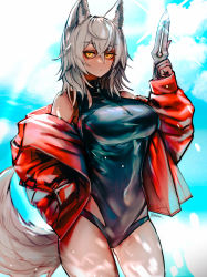 Rule 34 | 1girl, animal ears, arknights, bare shoulders, black one-piece swimsuit, blue sky, breasts, casual one-piece swimsuit, cloud, cloudy sky, commentary, cowboy shot, dagger, ehrrr, expressionless, grey hair, hair between eyes, highleg, highleg swimsuit, highres, holding, holding dagger, holding knife, holding weapon, jacket, knife, large breasts, medium hair, official alternate costume, one-piece swimsuit, open clothes, open jacket, outdoors, projekt red (arknights), projekt red (light breeze) (arknights), red jacket, sky, solo, sunlight, swimsuit, tail, thighs, weapon, wolf ears, wolf girl, wolf tail, yellow eyes
