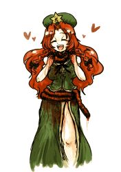 Rule 34 | :d, bad id, bad pixiv id, belt, blood, bow, braid, china dress, chinese clothes, closed eyes, dress, fang, female focus, guro, hat, heart, hong meiling, intestines, kitayuki kajika, long hair, open mouth, red hair, scarf, skirt, smile, solo, touhou, twin braids