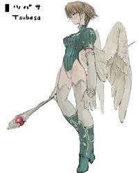 Rule 34 | 1girl, angel wings, blonde hair, blue footwear, blue leotard, boots, character name, closed mouth, contrapposto, ebimomo, feathered wings, full body, hairband, high heel boots, high heels, highleg, highleg leotard, highres, holding, holding staff, leotard, looking at viewer, puffy short sleeves, puffy sleeves, short hair, short sleeves, simple background, solo, staff, standing, stones of dragon, thighhighs, white background, white thighhighs, white wings, wings