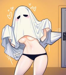 Rule 34 | 1girl, artist name, blush, blushyspicy, breasts, copyright request, cowboy shot, door, facing viewer, ghost costume, halloween, hands up, heart, highres, large breasts, navel, solo