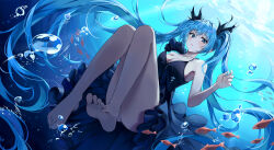Rule 34 | 1girl, ass, bare arms, bare legs, bare shoulders, barefoot, black dress, blue eyes, blue hair, blue theme, breasts, cleavage, dress, feet, freediving, frills, hair ribbon, hand up, hatsune miku, highres, legs, lkeris, long hair, looking at viewer, medium breasts, ribbon, shinkai shoujo (vocaloid), sleeveless, sleeveless dress, solo, spaghetti strap, sundress, thighs, toes, twintails, underwater, very long hair, vocaloid, water