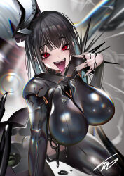 1girl :d absurdres ass behemoth_(nikke) black_hair black_nails bodysuit breasts ear_piercing eyeliner goddess_of_victory:_nikke highres horns large_breasts long_hair looking_at_viewer makeup open_mouth piercing red_eyes smile solo teddypocky teeth tongue tongue_out