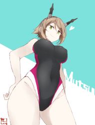 Rule 34 | 10s, 1girl, breasts, brown hair, character name, competition swimsuit, covered erect nipples, from above, green eyes, half-closed eyes, hand on own hip, headgear, heart, jitome, kantai collection, large breasts, looking at viewer, mutsu (kancolle), one-piece swimsuit, shigino sohuzi, short hair, simple background, smile, solo, swimsuit, taut clothes, taut swimsuit, two-tone background