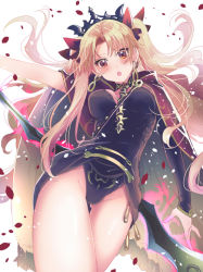 Rule 34 | 1girl, akao ppai, bad id, bad pixiv id, blonde hair, blush, breasts, cameltoe, cape, crown, detached sleeves, earrings, ereshkigal (fate), fate/grand order, fate (series), gold trim, hair ribbon, jewelry, long hair, looking at viewer, open mouth, panties, polearm, purple eyes, red cape, red eyes, red ribbon, ribbon, skull, solo, spear, tohsaka rin, twintails, two side up, underwear, weapon