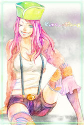 Rule 34 | 1girl, arm support, blue eyes, breasts, cleavage, coat, fur coat, grin, hat, heartima, jewelry bonney, lipstick, long hair, makeup, midriff, navel, one eye closed, one piece, patterned legwear, pink hair, short shorts, shorts, sitting, smile, solo, suspenders, thighhighs, wink