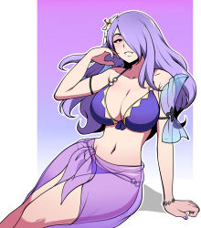 Rule 34 | 1girl, absurdres, bikini, bracelet, breasts, camilla (fire emblem), camilla (summer) (fire emblem), cleavage, collarbone, commentary request, cowboy shot, curvy, fire emblem, fire emblem fates, fire emblem heroes, flower, hair flower, hair ornament, hair over one eye, hand on own chin, highres, jam-orbital, jewelry, large breasts, long hair, looking at viewer, nail polish, navel, nintendo, o-ring, o-ring bikini, o-ring bottom, official alternate costume, pink eyes, purple background, purple hair, purple nails, purple sarong, sarong, see-through sarong, sitting, smile, solo, swimsuit, wavy hair
