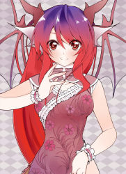 Rule 34 | 1girl, animal ears, bad id, bad pixiv id, china dress, chinese clothes, dragon ears, dragon girl, dragon wings, dress, fins, gradient hair, head fins, horns, long hair, monster girl, multicolored hair, original, red eyes, solo, suzume miku, wings, wrist cuffs