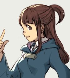 Rule 34 | 1girl, blue robe, breasts, brown eyes, brown hair, from side, grey background, hand up, hungry clicker, index finger raised, kagari atsuko, little witch academia, long hair, long sleeves, looking at viewer, looking to the side, luna nova school uniform, pale skin, parted lips, ponytail, profile, robe, school uniform, shirt, simple background, small breasts, smile, solo, white shirt