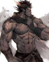 Rule 34 | 1boy, abs, arm tattoo, bandaged arm, bandages, bara, beard, biceps, black hair, chest tattoo, dark-skinned male, dark skin, facial hair, gauntlets, grabbing, hand on own hip, horns, large pectorals, looking to the side, male focus, manly, mature male, muscular, muscular male, navel, nikism, nipples, original, pectorals, pointy ears, scarf, skirt, spiked hair, stomach tattoo, tattoo, thick arms, topless male, upper body, veins, veiny arms, yellow eyes
