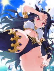 Rule 34 | 1girl, :3, absurdres, ariso kaoru, bangle, black hair, blue sky, blue thighhighs, blush, bracelet, breasts, bridal gauntlets, cameltoe, closed mouth, cloud, commentary request, covered erect nipples, day, dutch angle, earrings, fate/grand order, fate (series), from below, gloves, highres, hoop earrings, ishtar (fate), jewelry, large breasts, legs apart, long hair, looking at viewer, outdoors, pov, red eyes, single glove, single thighhigh, sky, smile, solo, standing, stomach, sun, sunlight, thighhighs, thighs, tiara