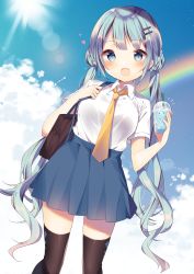 Rule 34 | 1girl, :d, absurdres, bag, black hair, black thighhighs, blue eyes, blue hair, blue skirt, blue sky, blush, braid, braided bun, breasts, cloud, cloudy sky, collared shirt, cup, day, disposable cup, double bun, drinking straw, glint, hair bun, hair ornament, hairclip, hands up, heart, high-waist skirt, highres, holding, holding cup, lens flare, light particles, long hair, looking at viewer, medium breasts, multicolored hair, necktie, notice lines, open mouth, orange necktie, original, outdoors, pleated skirt, rainbow, school bag, school uniform, shiino sera, shirt, shirt tucked in, short sleeves, sidelocks, skirt, sky, smile, solo, standing, streaked hair, sun, sunlight, thighhighs, twintails, very long hair, white shirt, zettai ryouiki
