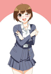 Rule 34 | 1girl, ;d, bare legs, blush, brown eyes, buttons, contrapposto, cowboy shot, long sleeves, looking at viewer, mattaku mousuke, one eye closed, open mouth, original, pleated skirt, school uniform, short hair, simple background, skirt, smile, solo, standing, thighs, unbuttoned, white background