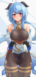 Rule 34 | 1girl, ahoge, bare shoulders, bell, black gloves, black leotard, blue hair, blush, bodystocking, bodysuit, breasts, brown pantyhose, clothes lift, col (xjxu5835), covered navel, cowboy shot, detached sleeves, ganyu (genshin impact), genshin impact, gloves, gluteal fold, gold trim, groin, highres, horns, legs together, leotard, leotard under clothes, lifting own clothes, long hair, looking at viewer, medium breasts, neck bell, pantyhose, pelvic curtain, pelvic curtain lift, purple eyes, sidelocks, smile, solo, standing, thigh gap, thighlet, thighs, white sleeves