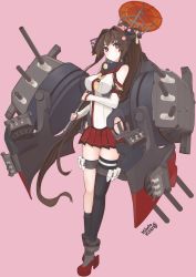 Rule 34 | 10s, 1girl, absurdres, anchor, asymmetrical legwear, bad id, bad pixiv id, breasts, brown hair, cannon, flower, full body, hair flower, hair intakes, hair ornament, highres, hip vent, kantai collection, large breasts, long hair, mikoto (oi plus), miniskirt, personification, pleated skirt, single thighhigh, skirt, solo, thighhighs, uneven legwear, very long hair, yamato (kancolle)