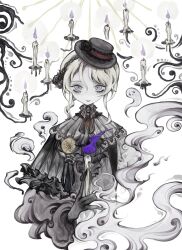 Rule 34 | 1girl, black dress, black hat, blonde hair, candle, character name, commentary, dress, file, ghost, grey eyes, hat, highres, looking at viewer, lord of the mysteries, sharron (lord of the mysteries), short hair, sidelocks, smoke, solo, upper body, yuiyuki89