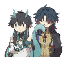 Rule 34 | 2boys, ahoge, arm behind back, black hair, black sleeves, blade (honkai: star rail), chest sarashi, chinese clothes, closed eyes, closed mouth, colored inner hair, commentary request, dan heng (honkai: star rail), dan heng (imbibitor lunae) (honkai: star rail), dragon boy, dragon horns, dragon tail, earrings, fingerless gloves, gloves, green eyes, green horns, hair over one eye, hand on own arm, hara (nanohara), honkai: star rail, honkai (series), horns, jewelry, long hair, male focus, multicolored hair, multiple boys, pointy ears, sarashi, simple background, single bare shoulder, single earring, tail, trembling, upper body, v-shaped eyebrows, white background, white sleeves