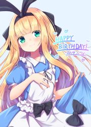 Rule 34 | 1girl, apron, baram, black bow, black hairband, black ribbon, blonde hair, blue background, blue dress, blunt bangs, bow, closed mouth, collared dress, commentary request, dated, dress, frilled apron, frills, green eyes, hair ribbon, hairband, hand on own chest, hands up, happy birthday, heart, highres, long hair, mononobe alice, mononobe alice (1st costume), nijisanji, puffy short sleeves, puffy sleeves, ribbon, short sleeves, simple background, skirt hold, smile, solo, very long hair, virtual youtuber, white apron
