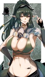 Rule 34 | 1girl, arknights, armpits, bikini, black gloves, breasts, brown eyes, crocodilian tail, doctor (arknights), dreadlocks, elbow gloves, fingerless gloves, gas mask, gavial (arknights), gavial the invincible (arknights), gin moku, gloves, green background, green bikini, green hair, groin, hand up, highres, huge breasts, long hair, mask, navel, open mouth, originium (arknights), pointy ears, ponytail, sidelocks, solo, swimsuit, tail, very long hair