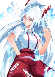 Rule 34 | 1girl, arm up, ashiroku (miracle hinacle), blue fire, blue hair, breasts, commentary request, cowboy shot, fire, fujiwara no mokou, hair between eyes, hair ribbon, hand in pocket, head tilt, highres, light blue hair, light frown, long hair, looking to the side, medium breasts, ofuda, pants, partial commentary, ponytail, red eyes, red pants, ribbon, shirt, short sleeves, simple background, solo, standing, suspenders, touhou, very long hair, white background, white shirt